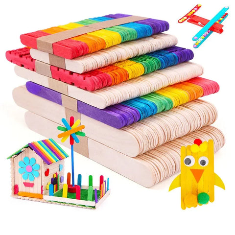 DivaBlush™ 50Pcs Wooden Popsicle Sticks Natural Wood Ice Cream Sticks Creative Kids Puzzle DIY Hand Crafts Art Ice Cream Lolly Cake Tools