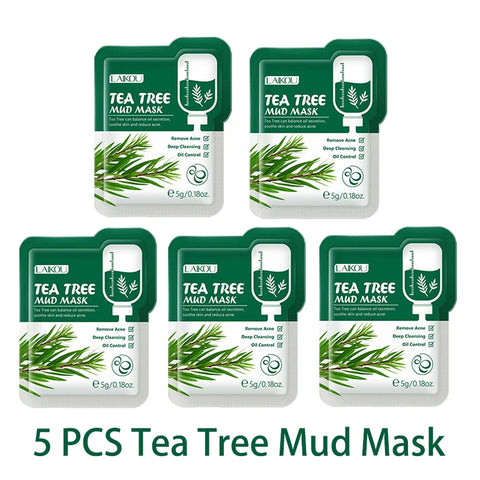 DivaBlush™ LAIKOU 5pcs Mud Mask Clay Mask Sakura Matcha Eggplant Tea Tree Mung Bean Oil-Control Deep Cleansing Repairing Facial Skin Care