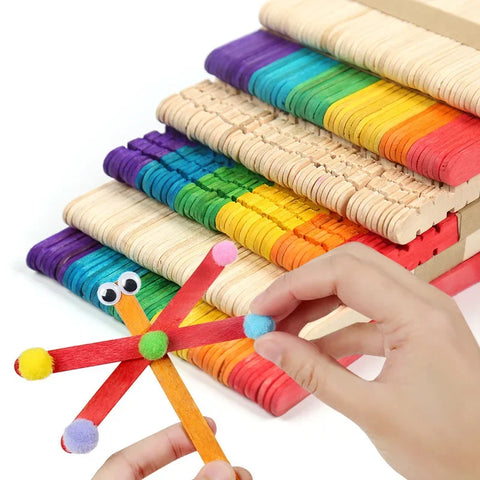 DivaBlush™ 50Pcs Wooden Popsicle Sticks Natural Wood Ice Cream Sticks Creative Kids Puzzle DIY Hand Crafts Art Ice Cream Lolly Cake Tools